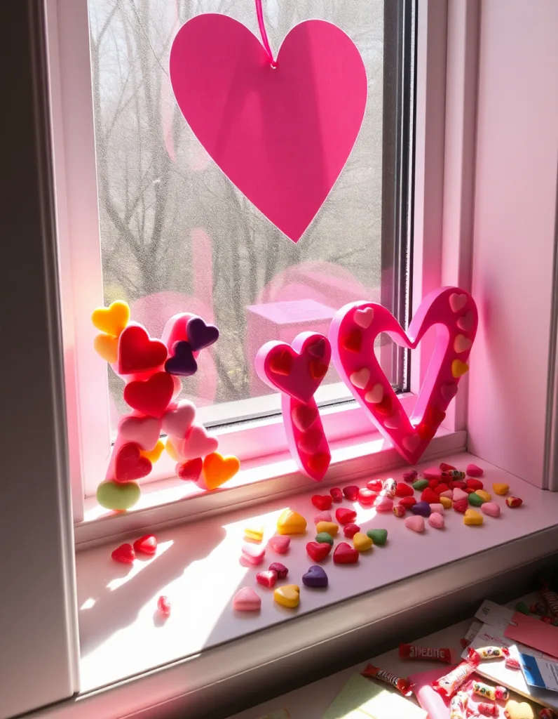 A colorful 'XO' made from candy hearts glued onto foam letters, displayed on a sunny windowsill with a playful Valentine's Day theme, including scattered candy and craft supplies.