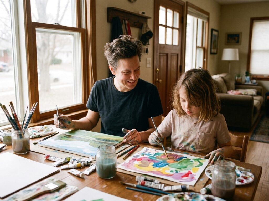 A parent and child paint at the same table, each on a separate project.