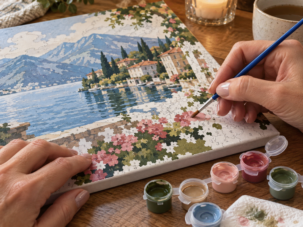Person painting a numbered lakeside landscape canvas with a brush and colorful paint pots.