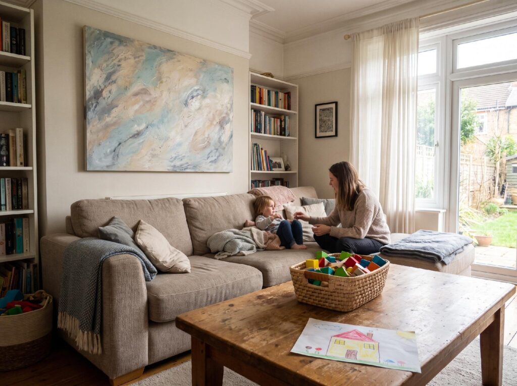 A large textured canvas hangs above a family sofa, with a toy basket and a child’s drawing close by.