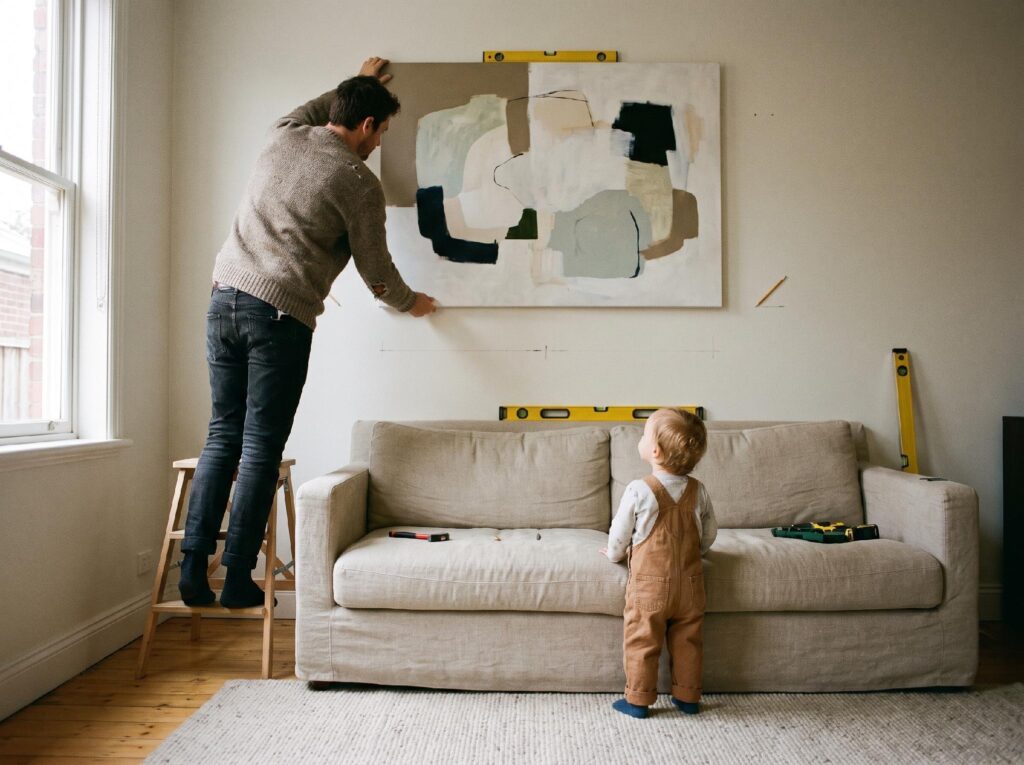 A parent on a step stool hangs a large canvas above a sofa while a toddler watches from the floor.