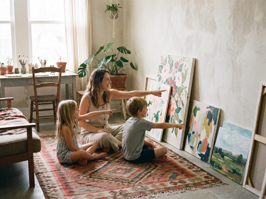A mother and two children sit on a rug and compare canvases propped against a wall.
