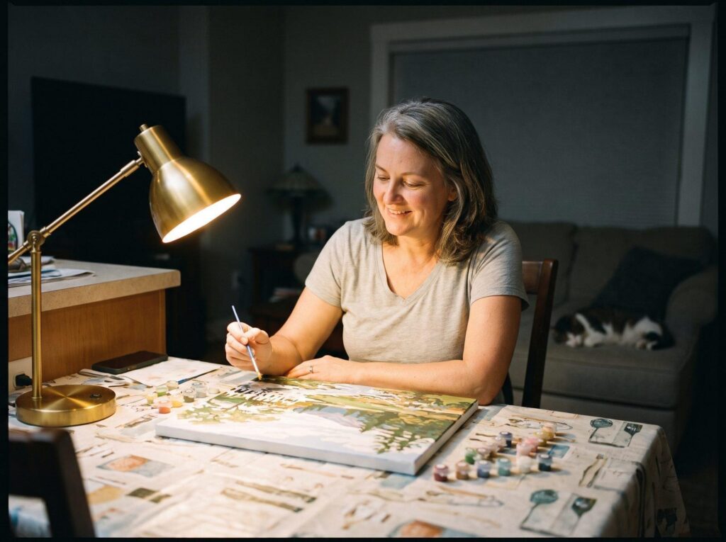 A mom paints one numbered section of a canvas at the kitchen table after the kids are asleep.
